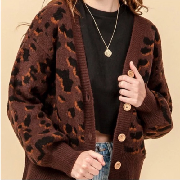 12th Tribe Sweaters - Brown Leopard Print Cardigan